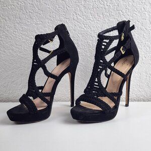 Aldo Black Platform Stiletto Heels Size 7 Double Ankle Strap Gold Buckle Zip